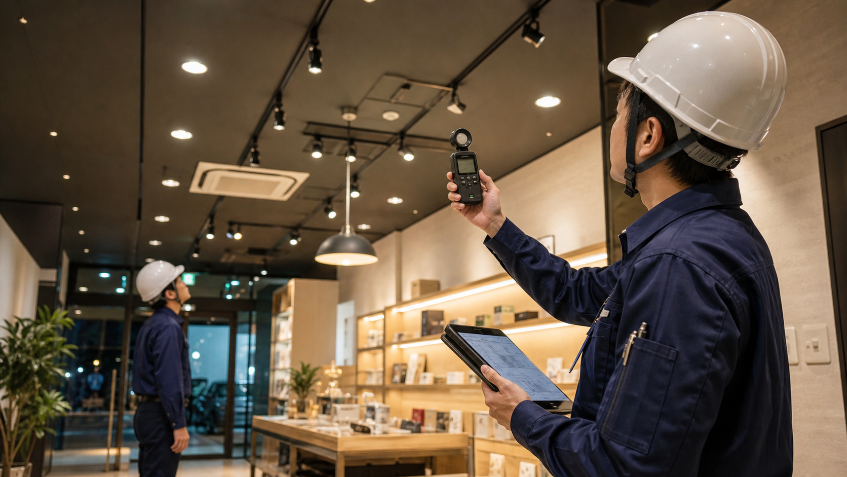 店舗の天井照明を現地確認する電気工事士